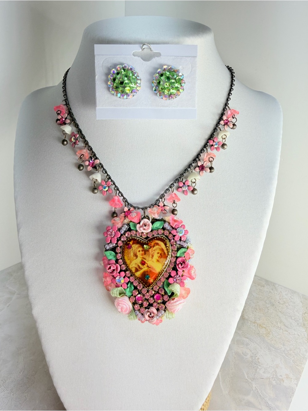 Vintage-Inspired Pink Floral Heart Pendant Necklace and Green Crystal Earrings